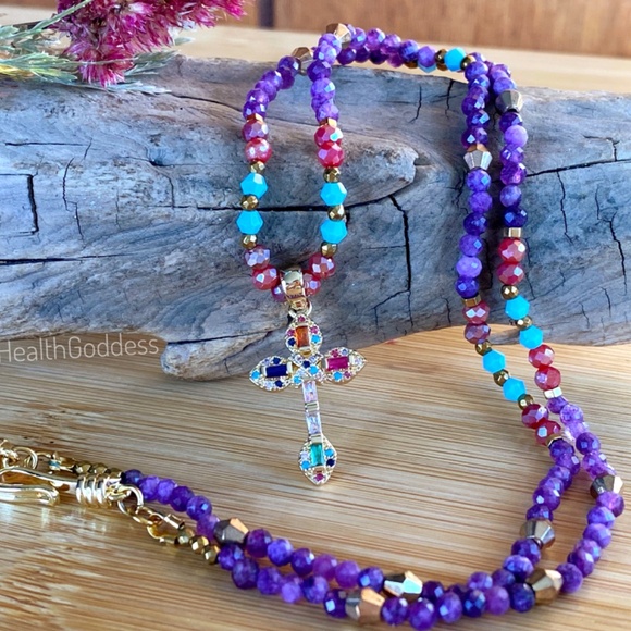 Purple Chalcedony with Austrian Crystals Christian Cross Necklace - Picture 5 of 11